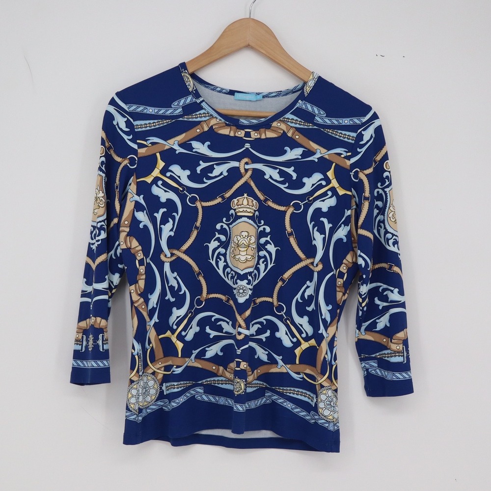 J.McLaughlin Top Womens Medium Blue Equestrian Scarf Print 3/4 Sleeve Excellent
